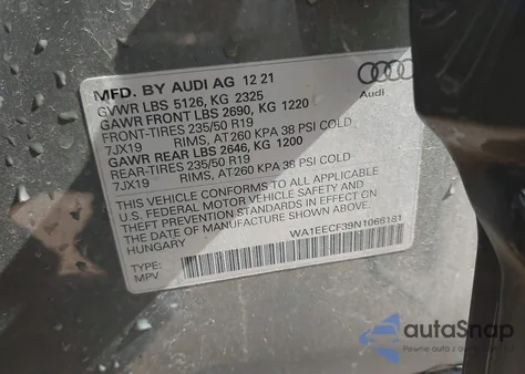 2022 Audi Q3 Premium Plus 45 Tfsi S Line Quattro Tiptronic z USA, uszkodzony, nr VIN WA1EECF39N1066181